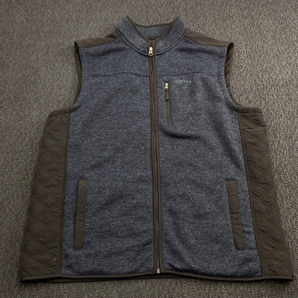 Orvis Mens XXL Blue Heather Full Zip Sweater Fleece Vest Quilted Trim Mock Neck